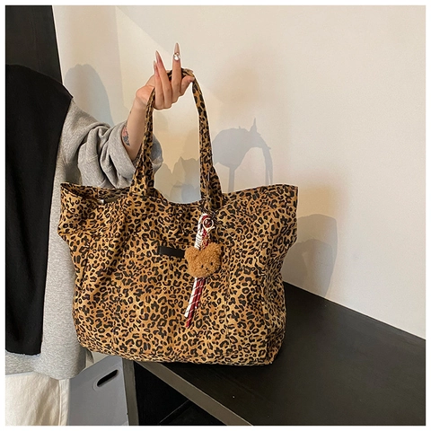 Sac Fourre-Tout en Toile Imprimé Léopard Grande Capacité Sac à Épaule pour Navette Avec Charme Ours Femmes