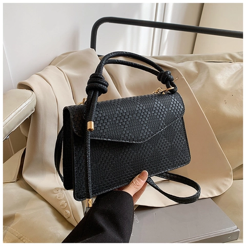 Women's Fashion PU Leather Woven Texture Handbag With Knot Handle Retro Small Square Crossbody Shoulder Bag For Daily Use