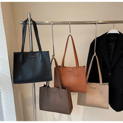 Minimalistische PU-Leren Tote Bag Voor Dames Grote Capaciteit Mode Verticale Stiksels Woon-werk Schoudertas Handtas