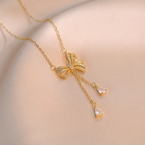 Elegant Bowknot Pendant Necklace Titanium Steel Zircon Inlaid Tassel Teardrop Gem Fashion Clavicle Chain For Women
