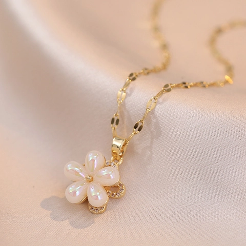 Dubbele Ketting Bloem Hanger Iriserende Hars Bloembladen Zirkonia Titanium Staal Verguld Sieraden Voor Dames