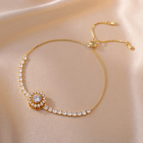 Bracciale Rotante In Zircone Girasole Per Donna Lega Placcata Oro Coulisse Regolabile Gioielli Coreani Eleganti