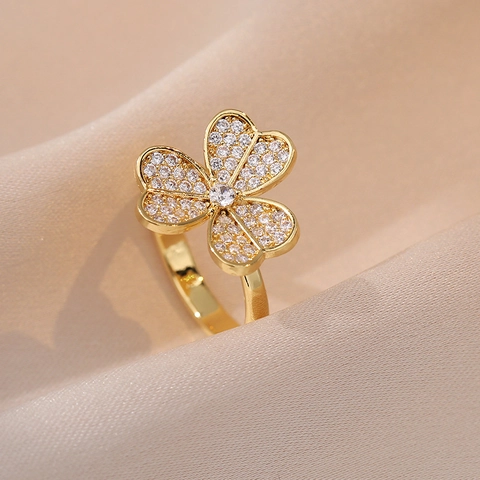 Zirkon Blumen Offener Ring Für Frauen Verstellbar Vergoldet Süßer Koreanischer Stil Minimalistischer Fingerschmuck