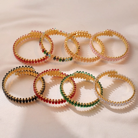 Fashion Gold Plated Oval Open Bangle Colorful Zirconia Marquise Cut Rhinestone Spiral Bracelet Elegant Women Jewelry Gift
