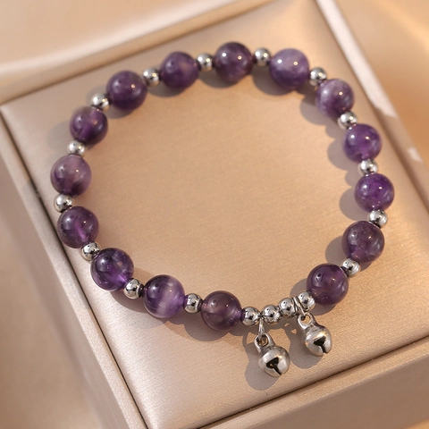 Amethyst Beaded Bracelet Lavender Purple Crystal Hand Chain With Silver Plated Bell Pendants Dreamy Jewelry For Women