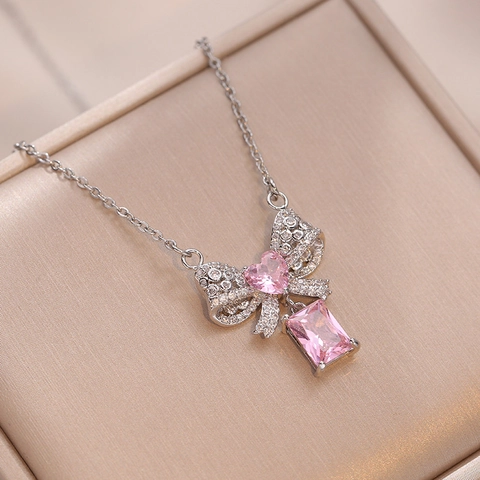 Elegante Herz Schleife Anhänger Halskette Titanstahl Mit Rosa Zirkon Strass Eingelegt Schlüsselbeinkette Für Frauen