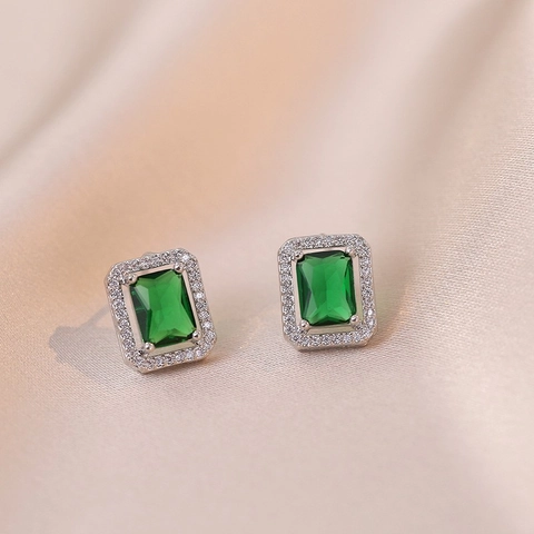 Emerald Green Rectangular Zircon Stud Earrings Elegant Copper Jewelry For Women Vintage Design Small Square Halo Earrings