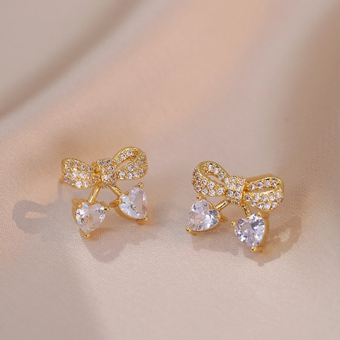Orecchini Pendenti Fiocco Cuore Rame Zirconia Micro Pave Gioielli Di Moda Eleganti Per Donne