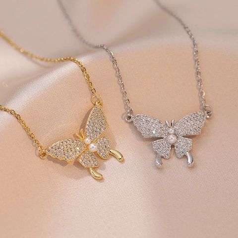 Elegant Butterfly Pendant Necklace With Micro Paved Zircon And Artificial Pearls Titanium Steel Jewelry For Women