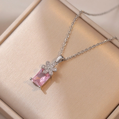 Collana Con Ciondolo A Fiore In Zircone Rosa E Orecchini Gioielli Eleganti In Acciaio Titanio Per Donne