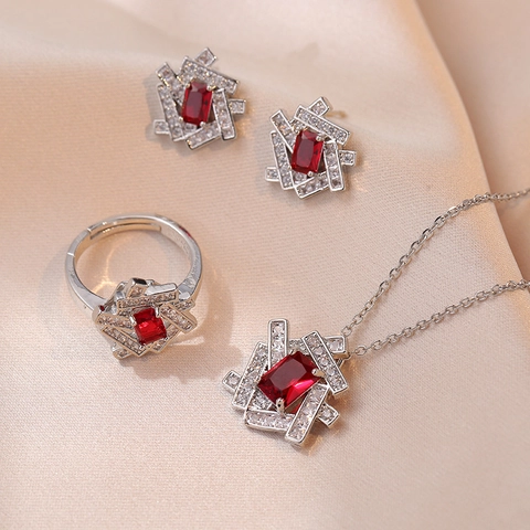 Set Collana Pendente Orecchini Geometrici Pietra Rossa Acciaio Titanio Zircone Gioielli Moda Lusso Per Donne
