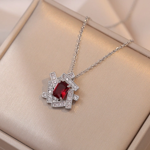 Set Collana Pendente Orecchini Geometrici Pietra Rossa Acciaio Titanio Zircone Gioielli Moda Lusso Per Donne