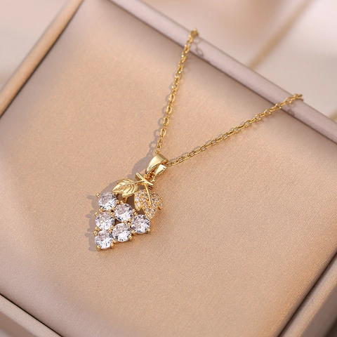 Collana Donna Ciondolo Grappolo D Uva Acciaio Al Titanio Zirconia Intarsiata Gioielli Moda Stile Coreano Elegante