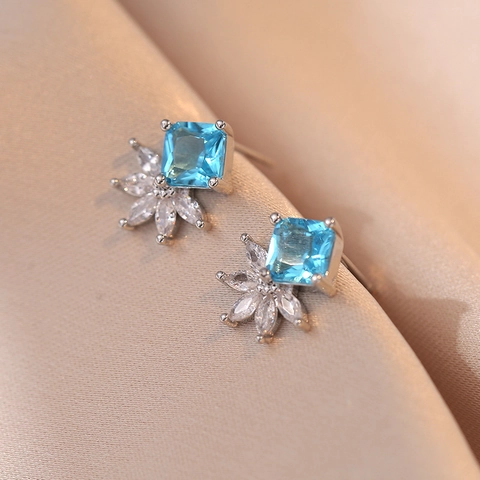 Blue Square Zircon Stud Earrings With White Marquise Stones Copper Base 925 Sterling Silver Earring Post Elegant Women