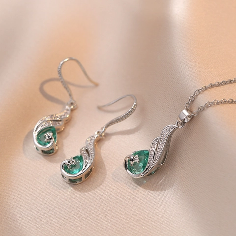 Collana E Orecchini Pavone Fenice Acciaio Al Titanio Cristallo Verde Smeraldo Zircone Accessorio Moda Elegante Donna