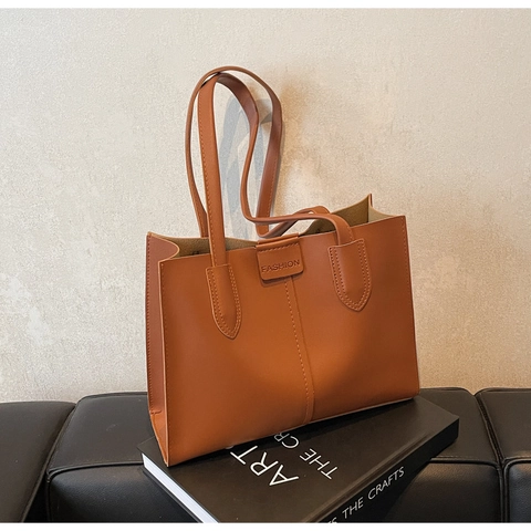 Minimalistische PU-Leren Tote Bag Voor Dames Grote Capaciteit Mode Verticale Stiksels Woon-werk Schoudertas Handtas