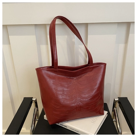 Borsa Tote Grande Da Donna Pelle PU Design Scheletro A Coste Rilievo Stile Gotico Punk Spalla A Mano