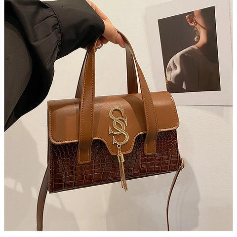 Sac à Main Patchwork Motif Crocodile Avec Gland Boucle Métallique Sac Bandoulière Femme Pour Bureau Décontracté Quotidien