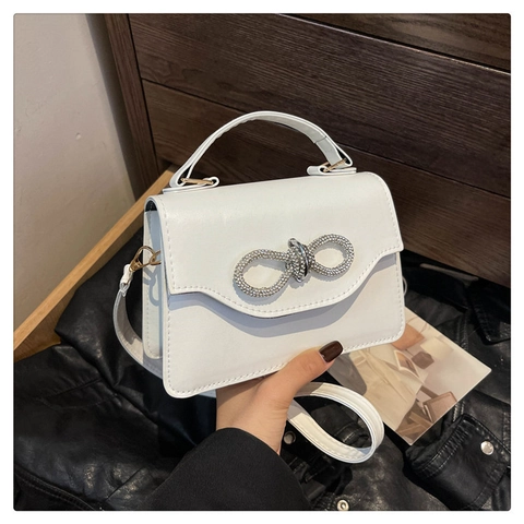 Women Handbag PU Leather Rhinestone Bow Small Square Crossbody Bag Adjustable Strap Elegant Top Handle Korean Style