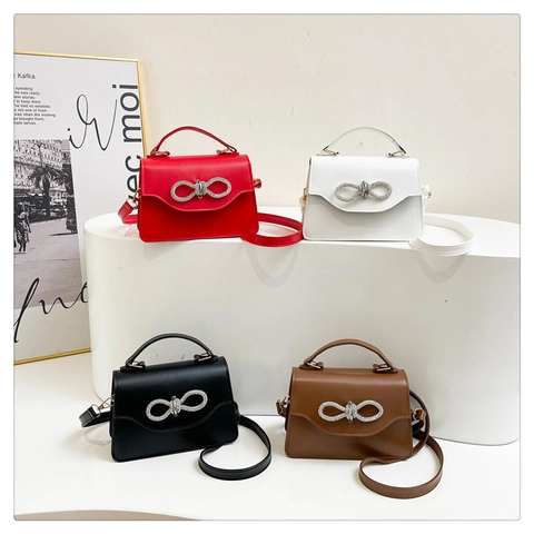 Women Handbag PU Leather Rhinestone Bow Small Square Crossbody Bag Adjustable Strap Elegant Top Handle Korean Style