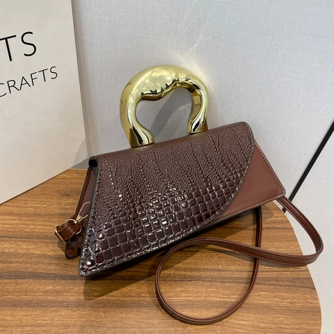 Mode Krokodillenpatroon PU Leer Handtas Met Onregelmatige Goud Metalen Handvat Trapezium Schoudertas Voor Dames Dagelijks