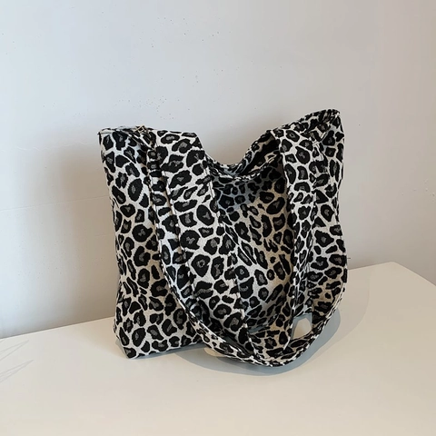 Trendy Leopard Print Canvas Tote Bag For Women Large Capacity Casual Animal Pattern Shoulder Bag Everyday Shopping Handbag