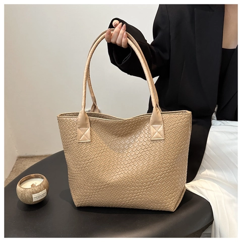 Bolso Tote de Mujer Gran Capacidad Textura Tejida Relieve Vintage Cuero PU Bolso de Hombro Color Sólido Casual Oficina Trabajo