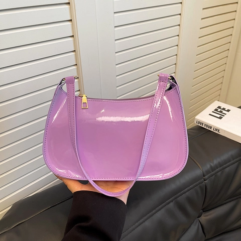 Women Patent Leather Underarm Bag High Gloss Baguette Shoulder Handbag Minimalist Solid Color Niche Design Vintage