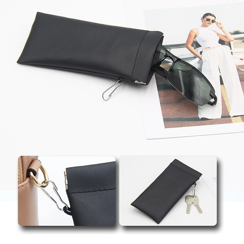 Portable PU Leather Glasses Case Sunglasses Pouch Squeeze Top Self Closing Bag With Metal Hook Soft Eye Wear Storage Bag