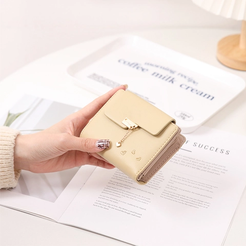 Women Small Fresh Heart Pendant Wallet PU Leather Foldable Purse Card Slot Coin Pocket Zipper Clutch Bag Fashion Handbag Gift