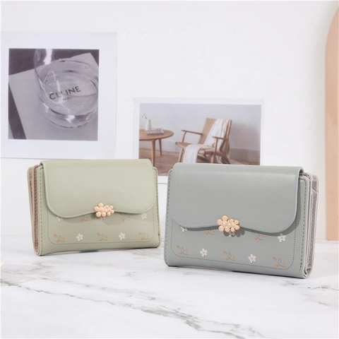 Damen Dreifach Geldbörse Koreanischer Stil PU Leder Blumendruck Goldene Blumenschnalle Multifunktionale Kleine Handtasche Kartenhalter