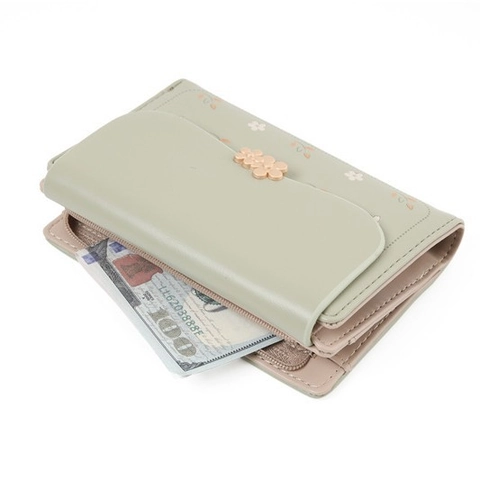 Damen Dreifach Geldbörse Koreanischer Stil PU Leder Blumendruck Goldene Blumenschnalle Multifunktionale Kleine Handtasche Kartenhalter
