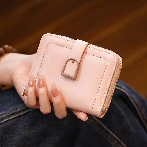 Women's Fashion Mini Wallet PU Leather Short Foldable Coin Purse With Zipper Buckle Card Holder Small Square Wallet