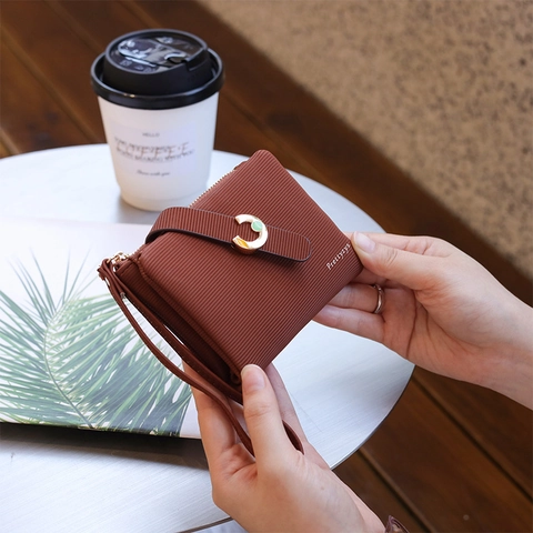 Women's Small Foldable PU Leather Wallet Card Holder With Wristlet Strap Gold Buckle Zipper Pocket Minimalist Ladies Purse