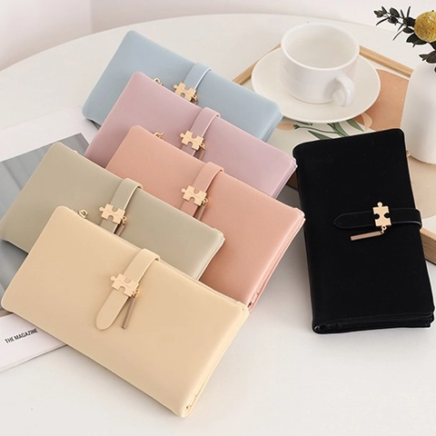 Women Long Wallet PU Leather Zipper Clutch Purse With Puzzle Charm Card Slots Solid Color Minimalist Elegant Organizer