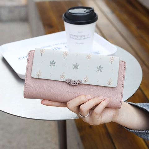 Women's Long Wallet PU Leather Litchi Grain Leaf Print Metal Clasp Multi-functional Clutch Handbag