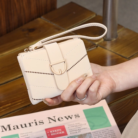 Women Small PU Leather Wallet With V Shaped Quilting D Metal Buckle Wristlet Short Bifold Purse Coin Card Holder