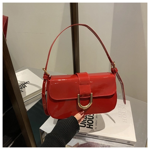 Bolso de Axila de Cuero PU Brillante Vintage para Mujer Bolso de Hombro de Color Sólido Con Hebilla de Metal Dorado Lujo