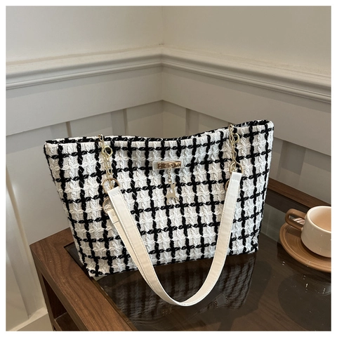 Damen Tote Bag Karierter Tweed Große Kapazität Handtasche Mit Goldener Kette Und Hirsch Anhänger Elegant Vintage
