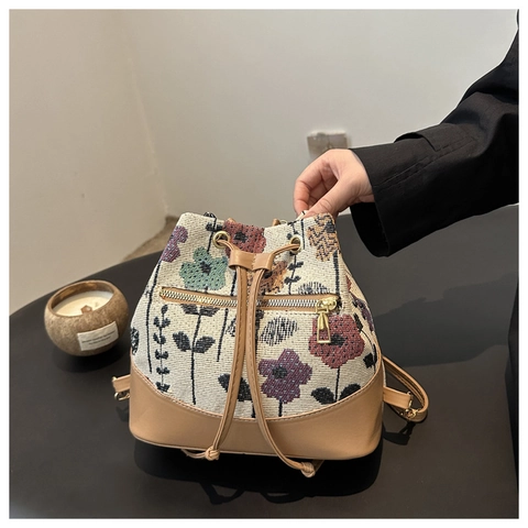Vintage Floral Woven Bucket Bag Canvas PU Leather Patchwork Drawstring Shoulder Crossbody Bag With Outer Zipper Pocket