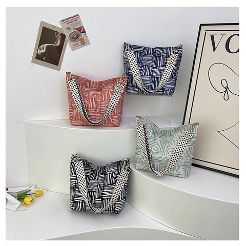 Women Canvas Crossbody Bag Large Capacity Abstract Geometric Pattern With Wide Printed Shoulder Strap Fashion Casual Tote