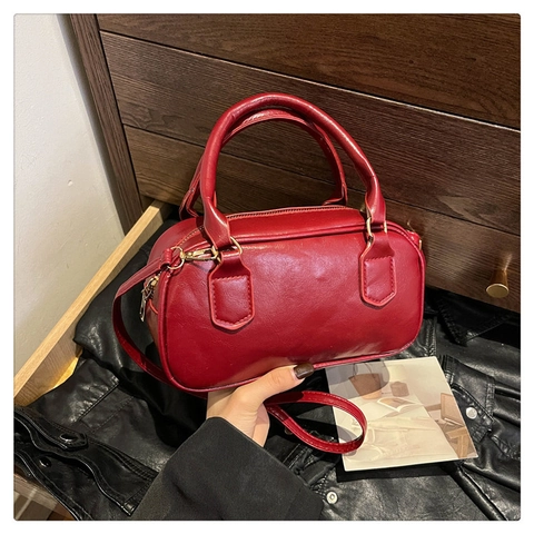 Retro PU Leather Bowling Handbag Small Square Boston Crossbody Bag For Women Commuter Messenger Style
