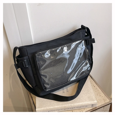 Bolso Ita de Gran Capacidad para Mujer Ropa de Calle Bolso Mensajero Con Ventana de PVC Transparente Nailon Estudiante Escuela Bolso Bandolera Estilo Universitario