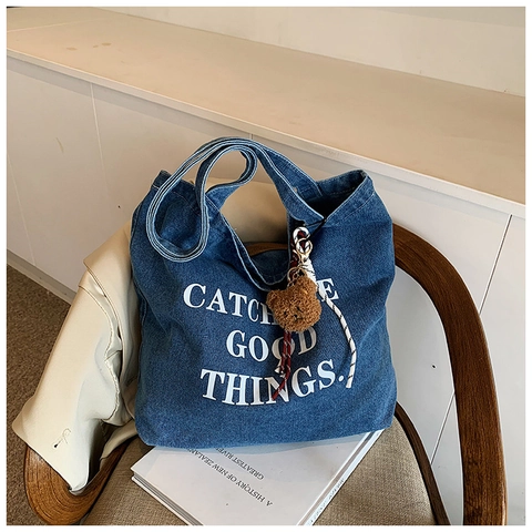 Women Casual Denim Tote Bag Large Capacity Shoulder Bag With Bear Charm Letter Print Daily Shopper Bag