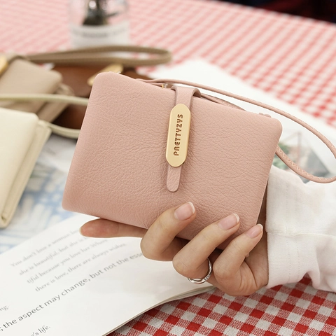 Women PU Leather Short Wallet Litchi Texture Multi Card Slots Purse With Wrist Strap Metal Decoration Small Clutch