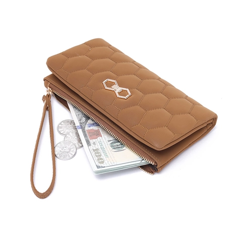 Cartera Larga Para Mujer Cuero PU Acolchado De Panal Con Correa De Muñeca Bolso De Mano Retro Tarjetero