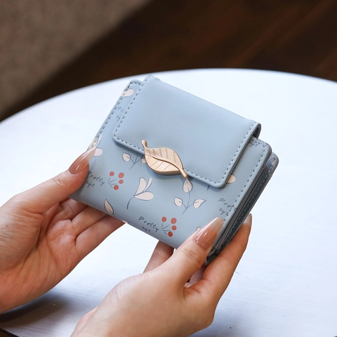 Portefeuille Femme en Cuir PU Imprimé Floral Boucle de Feuille Bifold Porte-Cartes Porte-Monnaie Zippé Élégant Mode