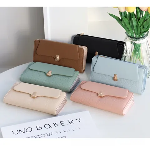 Cartera Larga de Cuero PU para Mujer Moda Diamante Acolchado Cierre de Flor Gran Capacidad Bolso de Mano Multiusos