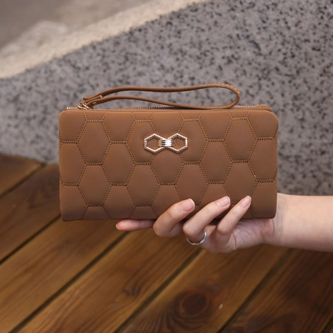 Cartera Larga Para Mujer Cuero PU Acolchado De Panal Con Correa De Muñeca Bolso De Mano Retro Tarjetero