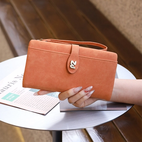 Women Long Wallet Frosted PU Leather Large Capacity Card Holder Phone Clutch With Wristlet Strap Solid Color Retro Buckle